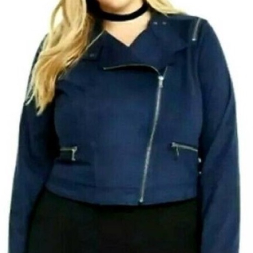 TORRID Navy Blue Women's Cropped Asymmetrical Zipper Suede -Like Jacket